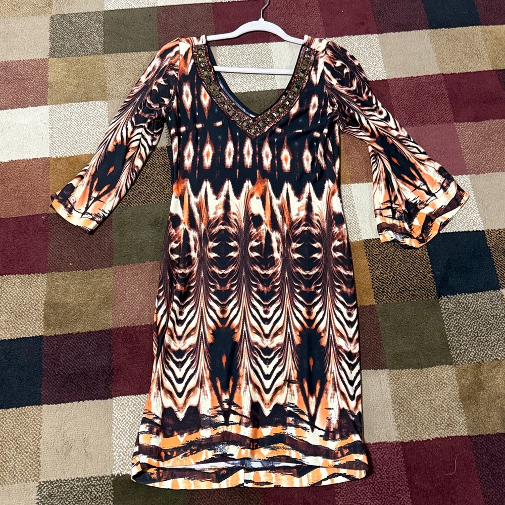 Brown and Orange Patterned Midi Dress